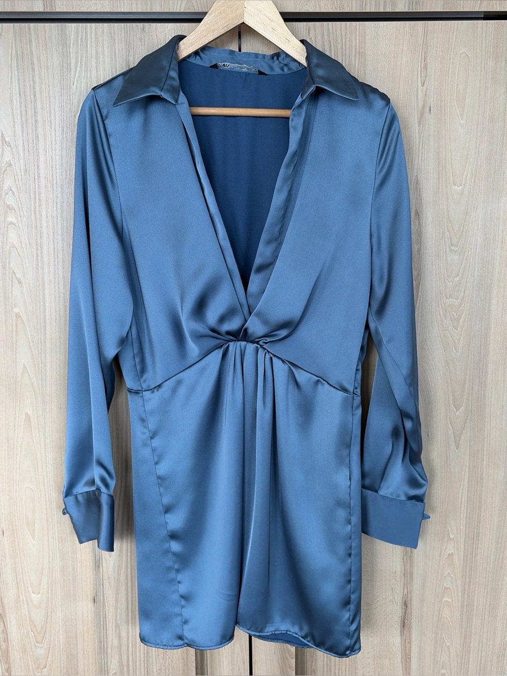 Zara Slate Blue Satin Mini Dress Size M Draped Long Sleeve Y2K Going Out